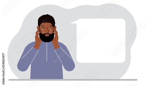 Upset man cries and holds his head with his hands. The concept of resentment, pain and depression.