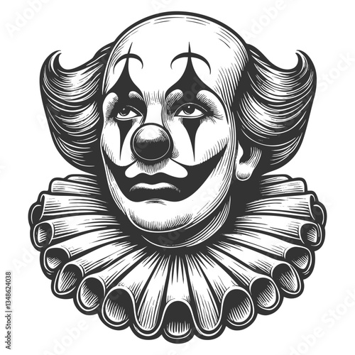 clown face with curly hair, exaggerated makeup, and a ruffled collar in retro engraving style sketch engraving generative ai vector illustration. Scratch board imitation. Black and white image.