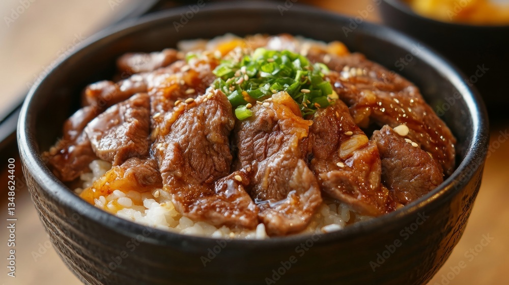 Close-Up 3D Render of Japanese Gyudon Beef Bowl with Toppings Close-Up 3D Render of Japanese Gyudon Beef Bowl with Toppings
