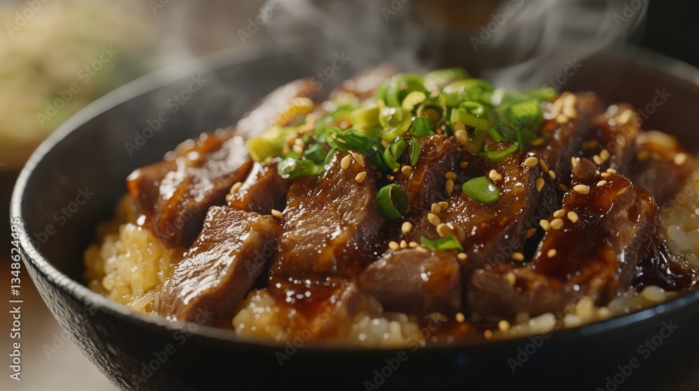 Close-Up 3D Rendered Japanese Gyudon Bowl with Beef and Garnish Close-Up 3D Rendered Japanese Gyudon Bowl with Beef and Garnish