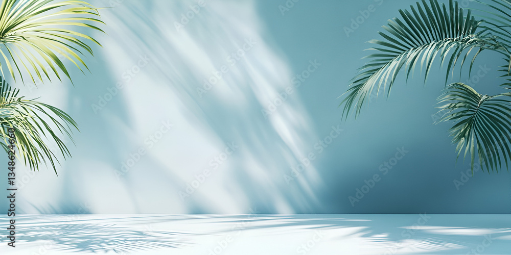 Fototapeta premium Tropical Palm Tree with Shadows on Blue Wall