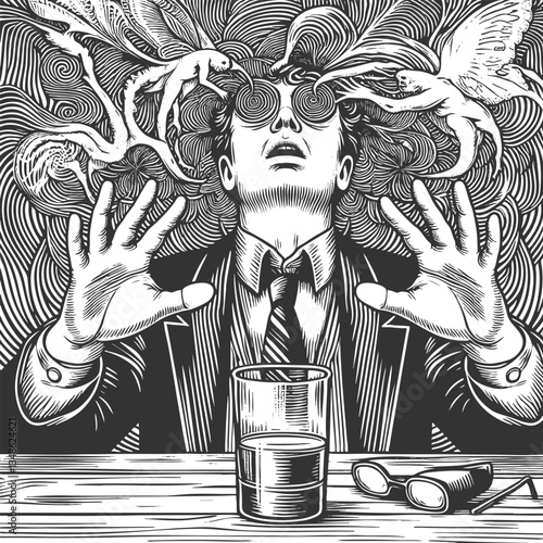 Man sees Surreal Hallucination vector illustration