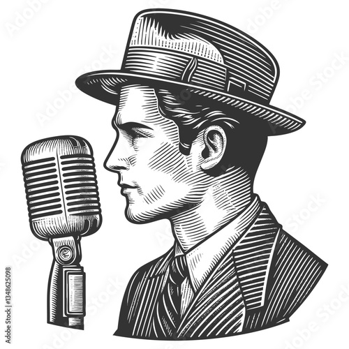 man with a mustache, wearing a hat, speaking into a retro microphone, symbolizing classic radio broadcasting sketch engraving generative ai vector illustration. Scratch board. Black and white image.