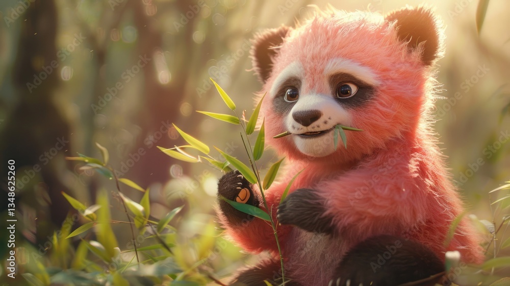Fototapeta premium Pink Panda Cub Eats Bamboo in Forest