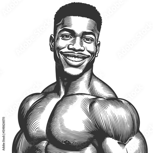 smiling, muscular man with a confident expression, symbolizing strength, positivity, fitness, and motivation sketch engraving generative ai vector illustration. Scratch board. Black and white image.