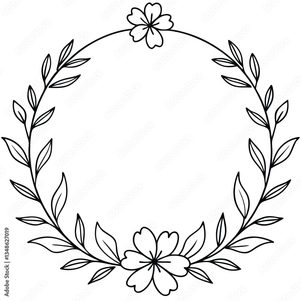 Floral Wreath Outline, Botanical Frame, Simple Leaves, Elegant Flower, Black and White Floral Wreath Outline, Botanical Frame, Simple Leaves, Elegant Flower, Black and White