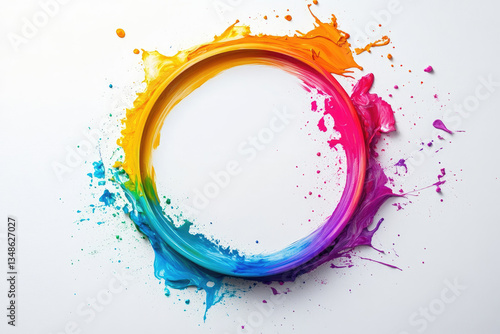 This artwork features a dynamic circle frame formed by colorful splashes of paint in shades of red, orange, yellow, blue, and purple, creating an eye-catching border on a white background.