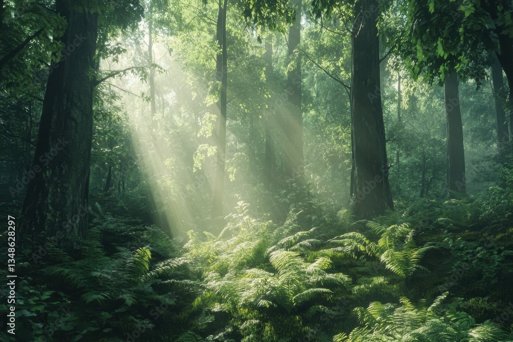 Obraz premium Sunlight filters through dense trees in a tranquil forest, revealing lush greenery and ferns