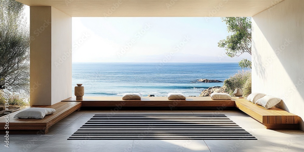 Fototapeta premium Modern coastal terrace with ocean view bright natural lighting and minimalist design