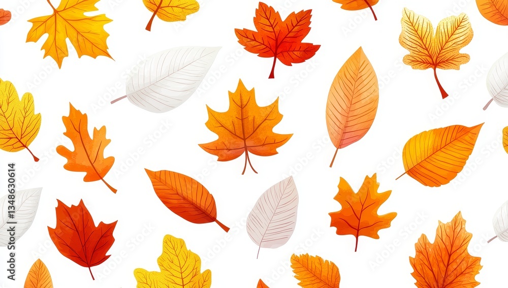 Fototapeta premium Autumn leaves seamless pattern. Colorful fall foliage design on white background