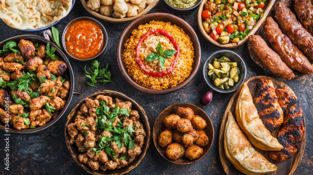 Traditional Middle Eastern feast with an assortment of colorful dishes, grilled meats, and spices arranged on a rustic wooden table Traditional Middle Eastern feast with an assortment of colorful dishes, grilled meats, and spices arranged on a rustic wooden table