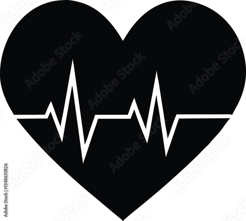 Minimalist Black Heart with EKG Waveform Isolated on White Background Icon Concept