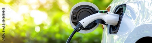 A white electric vehicle charging outdoors against a lush green foliage background showcasing eco-friendly transportation solutions for modern living today