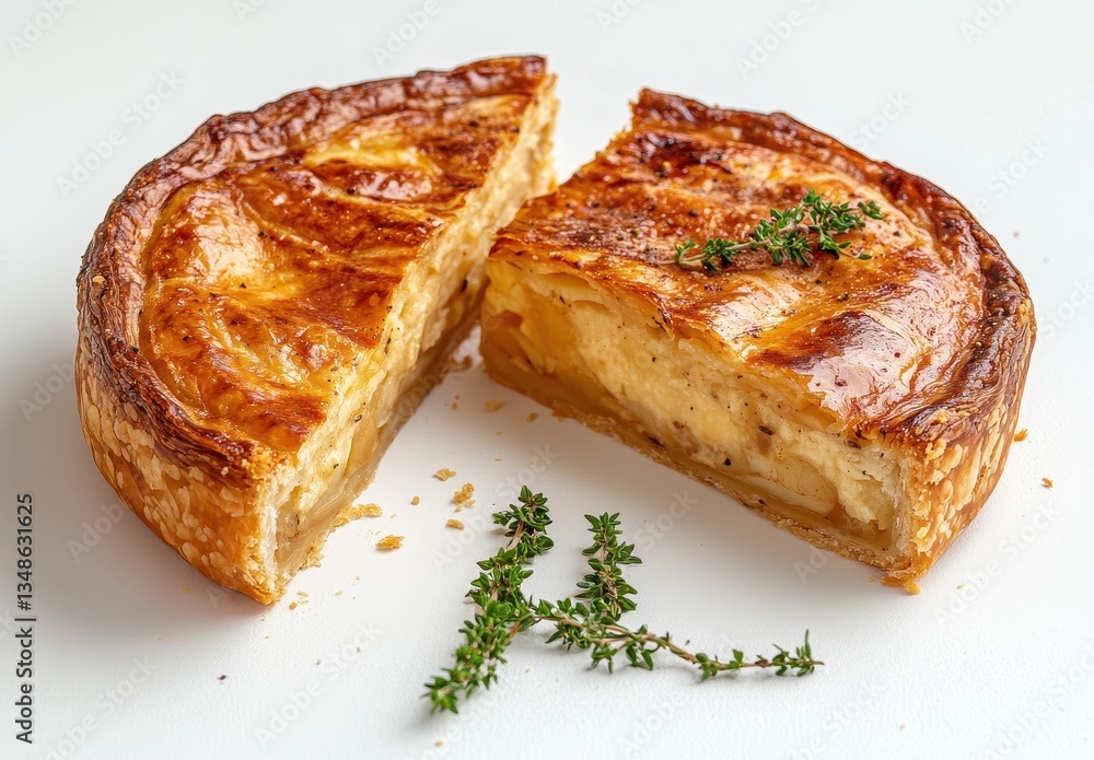 Savory pie with golden crust and creamy filling, garnished with fresh thyme and partially sliced, showcasing delicious textures and flavors Savory pie with golden crust and creamy filling, garnished with fresh thyme and partially sliced, showcasing delicious textures and flavors