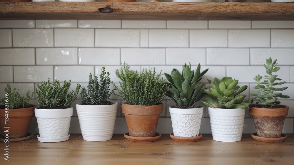 Fototapeta premium Seven potted plants on a wooden shelf against a white tiled wall. A lovely display of indoor greenery, adding a touch of nature to any home.
