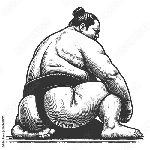 sumo wrestler in a traditional crouching stance, showcasing strength, discipline, and detailed anatomy sketch engraving generative ai vector illustration. Scratch board imitation. Black and white