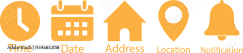 Time, date and address yellow flat icons set. Event calendar reminder clock business schedule signs, location pin symbols, place pointer time map elements vectors isolated on transparent background.