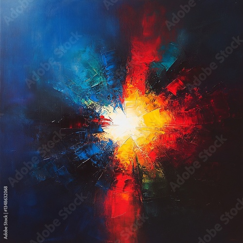 Vibrant abstract painting with bold strokes of blue, red, and yellow creating a dynamic, energetic composition.