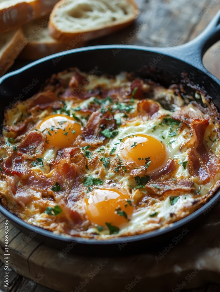 Savory Skillet Dish with Eggs, Bacon, Herbs, and Toast on Rustic Wooden Table Ideal for Breakfast or Brunch Inspiration in a Cozy Kitchen Setting Savory Skillet Dish with Eggs, Bacon, Herbs, and Toast on Rustic Wooden Table Ideal for Breakfast or Brunch Inspiration in a Cozy Kitchen Setting