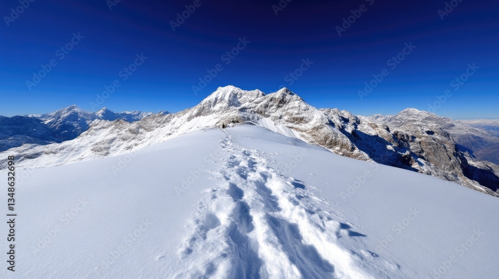 Snowy mountain summit path under clear sky Snowy mountain summit path under clear sky