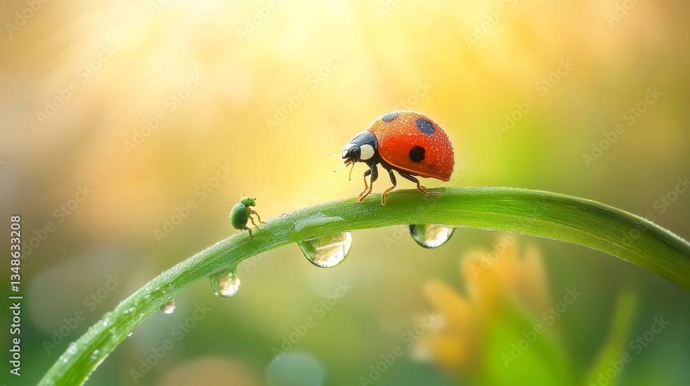 Obraz premium Ladybug and Tiny Insect on Dewy Leaf