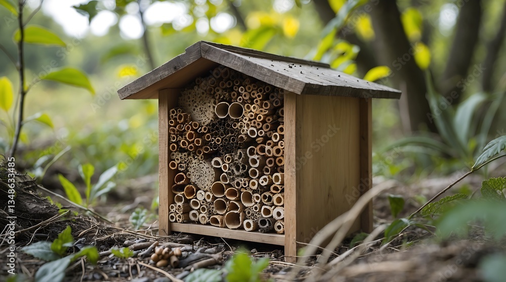 Naklejka premium Insect hotel promoting biodiversity in a natural setting under climate change