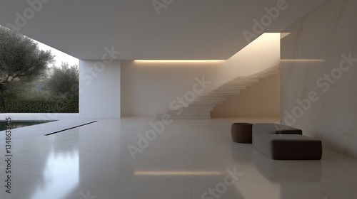 Modern minimalist interior design, featuring a spacious open-plan living area with a pool and garden view, understated elegance, and neutral color palette