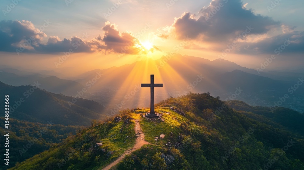 Obraz premium Majestic Cross Silhouette At Sunset Over Mountains