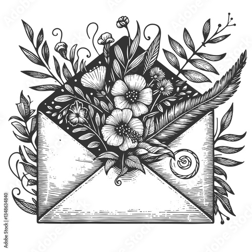 open envelope filled with blooming flowers and leaves, symbolizing love and elegance sketch engraving generative ai vector illustration. Scratch board imitation. Black and white image.