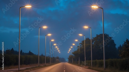 LED streetlights illuminate a quiet road under a twilight sky