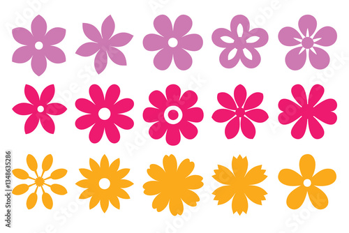 Colorful Flower Heads Grouping, Pink, Magenta, and Yellow, Simplified Shapes Isolated