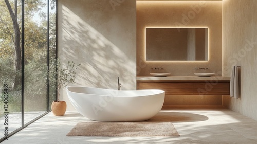 Modern Minimalist Bathroom Design with Freestanding Bathtub and Natural Light