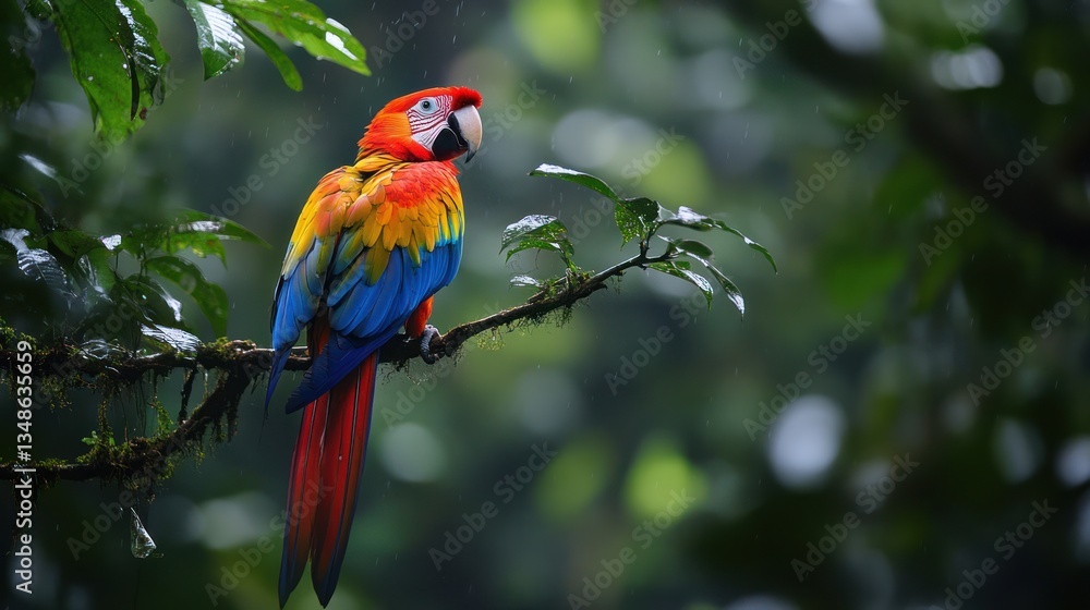 Fototapeta premium A colorful parrot is perched on a tree branch in rain