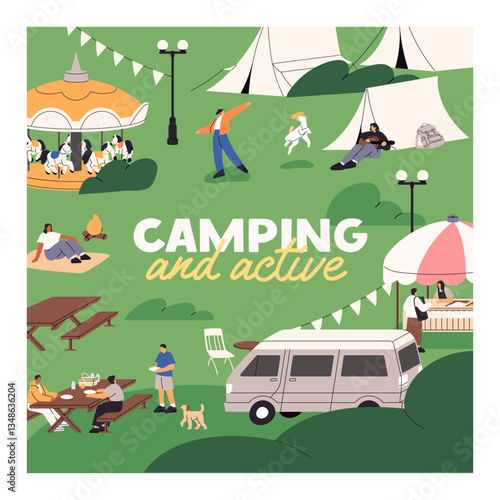 Summer event in amusement park card design. People relax, eating at picnic table on food court at nature. Festival, funfair with camp, stalls, carousels, campers outdoors. Flat vector illustration