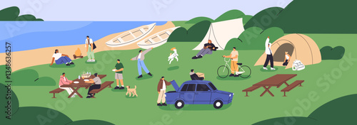 Group of hikers relaxes in campsite on river bank. People are in hiking camp with tents, cars, picnic table and campfire. Summer festival outdoors, holiday party at nature. Flat vector illustration