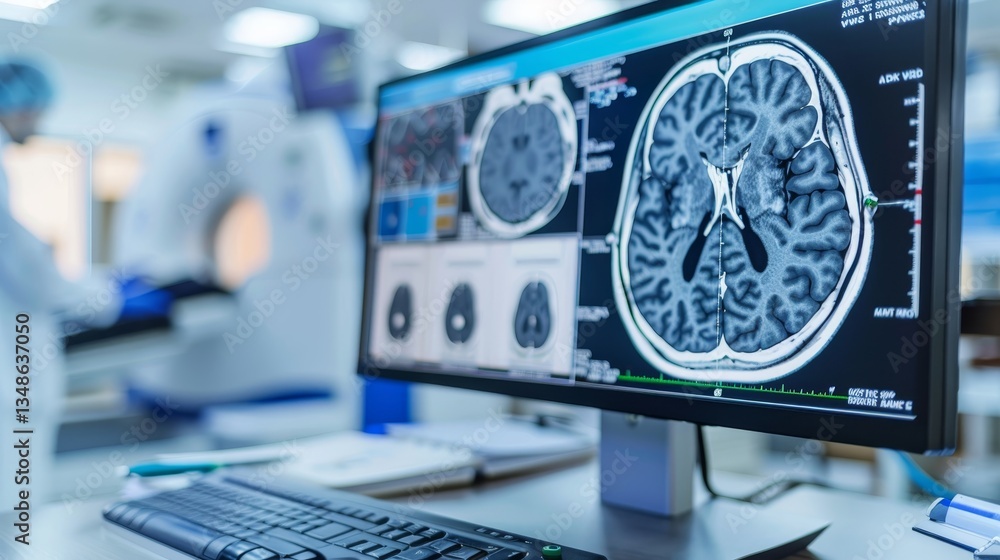 Fototapeta premium Advanced medical imaging room featuring brain scan display and cutting edge diagnostic equipment