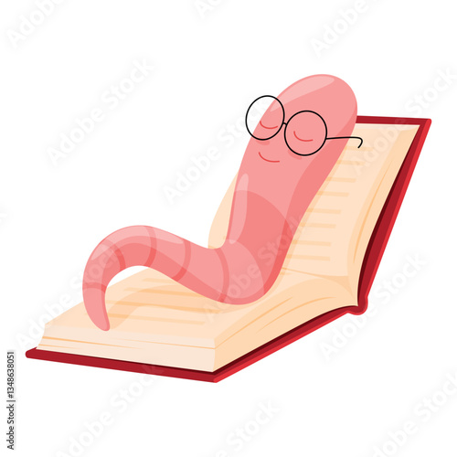A cheerful cartoon bookworm, wearing glasses, comfortably nestled on an open book