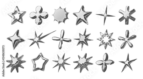 Y2k 3d chrome halftone stars shape retro abstract elements vector illustration set. Chrome silver 3d metallic halftone semitone retro effect collection. Y2k space various star retro futuristic shapes.