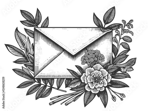 open envelope filled with blooming flowers and leaves, symbolizing love and elegance sketch engraving generative ai vector illustration. Scratch board imitation. Black and white image.