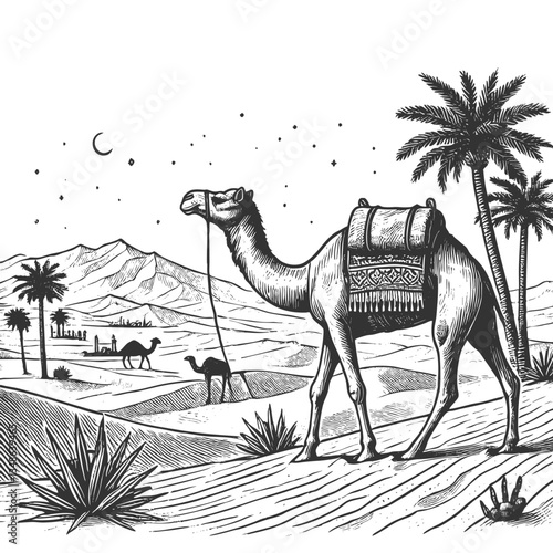 camel in a desert setting with mountains, palm trees, and a distant settlement under a setting sun sketch engraving generative ai vector illustration. Scratch board imitation. Black and white image.