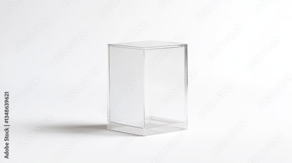 A clear plastic box with a minimal design, standing upright against a simple white background, offering space for product branding. A clear plastic box with a minimal design, standing upright against a simple white background, offering space for product branding.