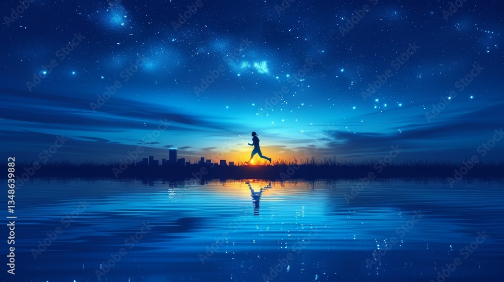 Fototapeta premium Athlete running on a glowing cyberpunk track at night, neon reflections