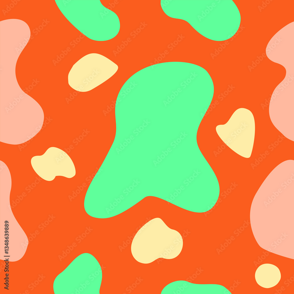 Abstract seamless pattern with organic blobs in green, beige, and pink on an orange background. Playful and modern, perfect for textiles, wallpapers, and digital designs. Abstract seamless pattern with organic blobs in green, beige, and pink on an orange background. Playful and modern, perfect for textiles, wallpapers, and digital designs.