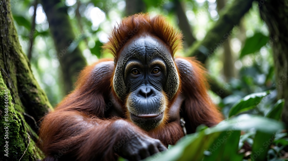 Orangutan observing its environment in an endangered rainforest habitat Orangutan observing its environment in an endangered rainforest habitat