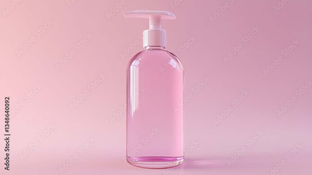 A clear pump dispenser bottle filled with liquid, placed on a minimal background. A clear pump dispenser bottle filled with liquid, placed on a minimal background.