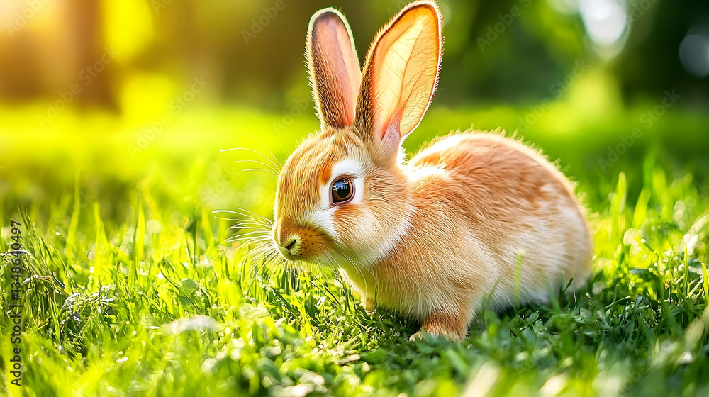 Fototapeta premium Golden Brown Bunny Rabbit Sitting in Lush Green Grass on a Sunny Day