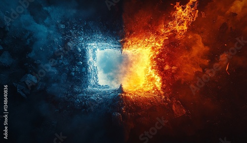 A dramatic clash of elements: frozen ice and raging fire meet in a fiery, icy showdown.  A powerful visual metaphor.
