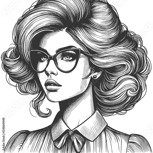 woman with large glasses and voluminous wavy hair, gazing thoughtfully sketch engraving generative ai fictional character vector illustration. Scratch board imitation. Black and white image.