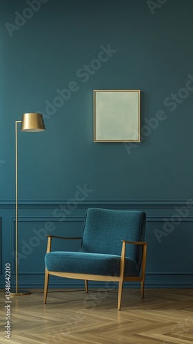 Modern minimalist interior with blue chair and blank poster