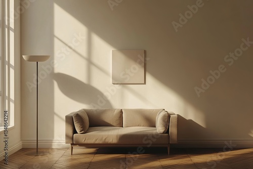 Warm minimalist interior with sofa, sunlight and blank canvas